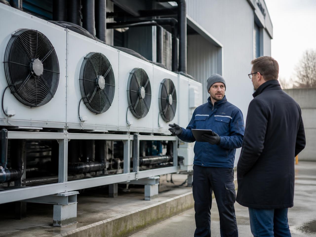 Technicien THERMOPTIM échangeant avec un responsable de site devant une centrale frigorifique
