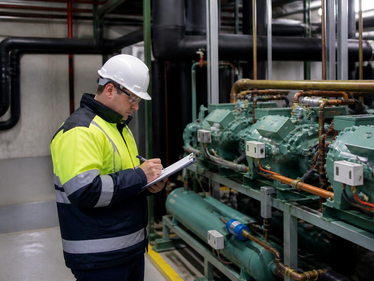 Technicien relevant les informations d’une salle des machines frigorifiques