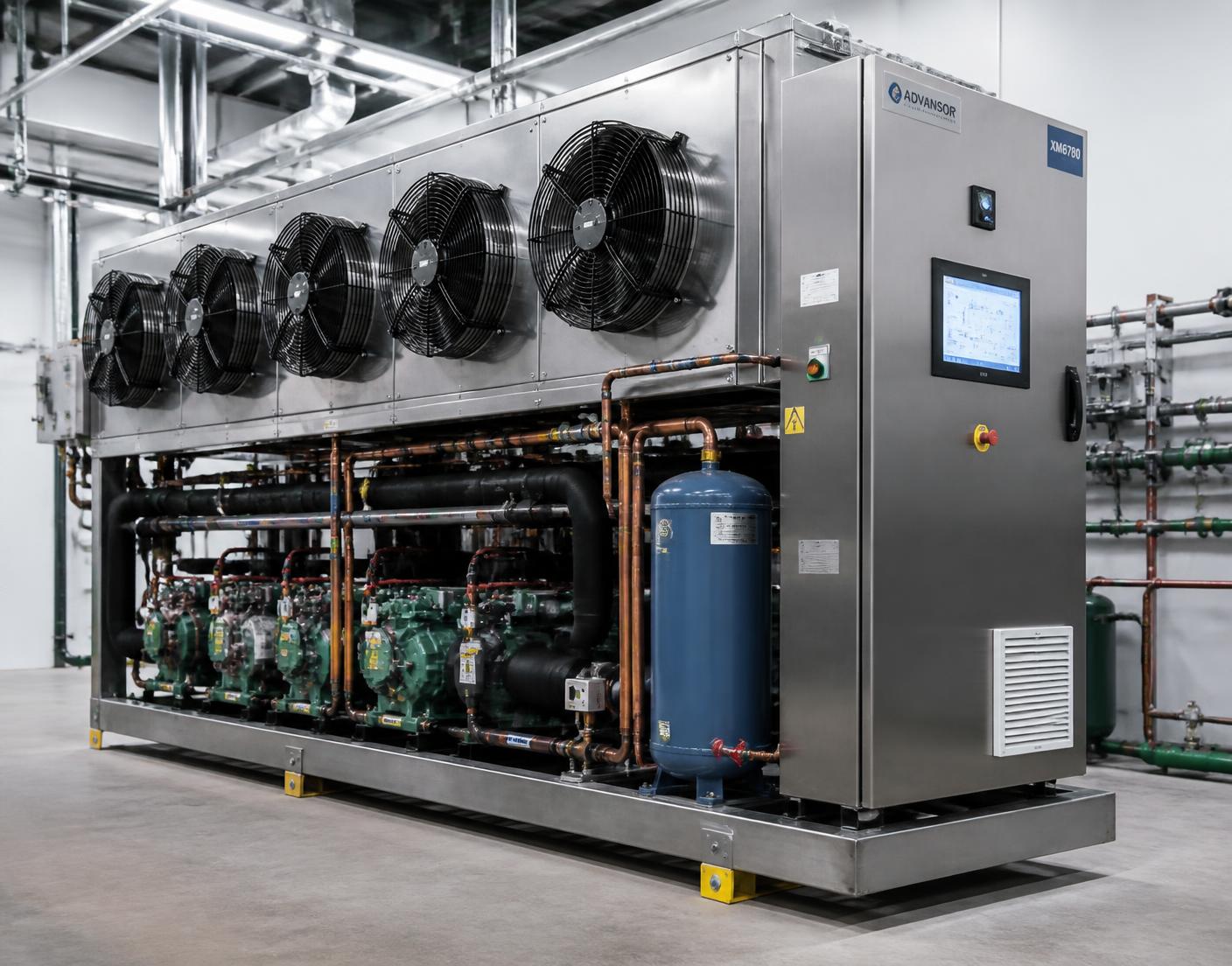 Centrale frigorifique industrielle avec compresseurs et armoire de régulation
