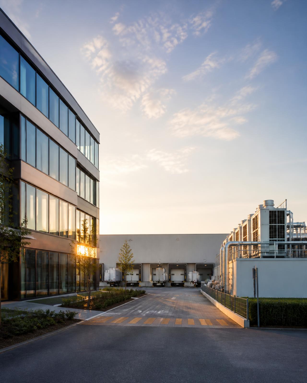 Bâtiment tertiaire, plateforme logistique et installation énergétique sur un site professionnel