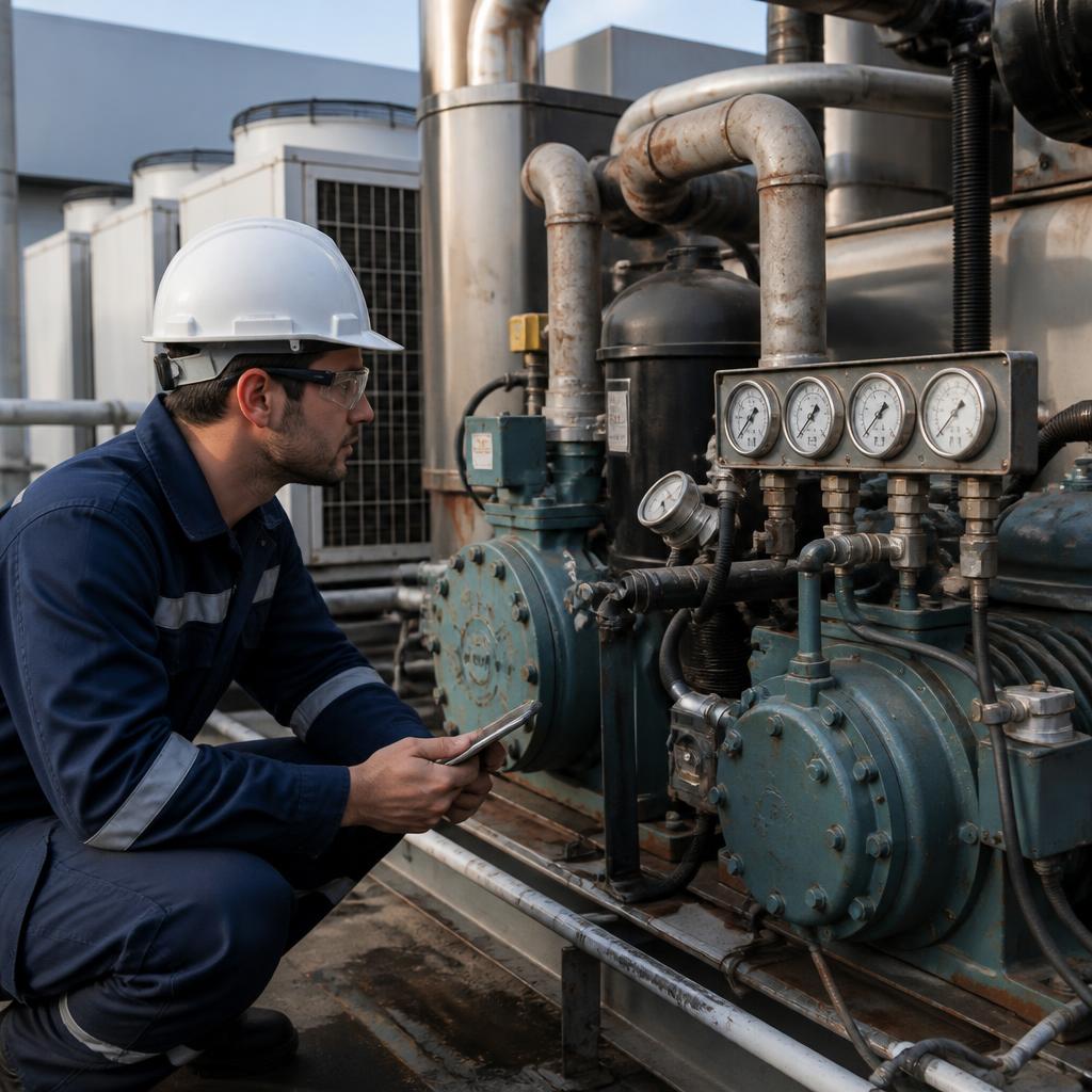 Technicien inspectant une installation frigorifique industrielle